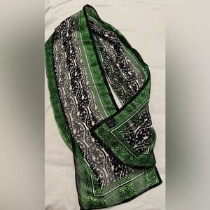 Cejon scarf in shimmery green & black design. 63” x 10”